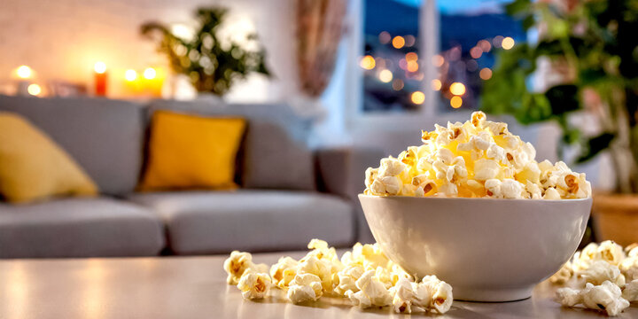 Sch&uuml;ssel mit Popcorn im Hintergrund ein laufender Fernseher 