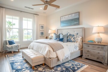 Elegant coastal bedroom with modern design and ocean theme