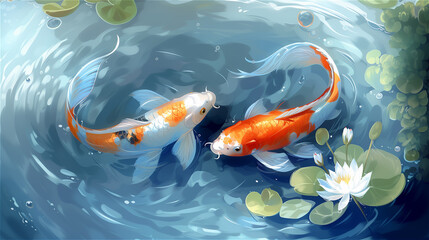 Two spotted koi carp circle in the water with a white lily. High quality illustration