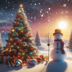 Obraz premium Christmas trees and snow man, beautiful Christmas concept