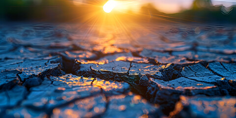Cracked earth soil sunset landscape a dry soil with the sun setting in the background.AI Generative
