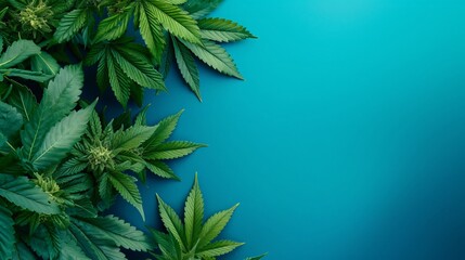 Cannabis sativa plants on blue background. Marijuana leaves and Buds, top view. Horticultural industry - obrazy, fototapety, plakaty
