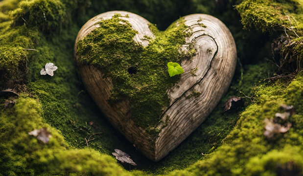 Moss heart at the forest, in the style of romantic and nostalgic themes, wood heart in nature