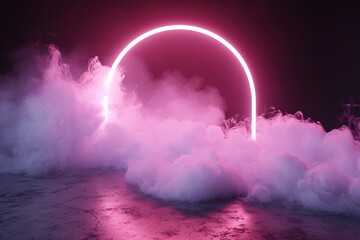 Pink neon arch, round portal, circles frame with swirling smoke on floor, white fog on the floor...