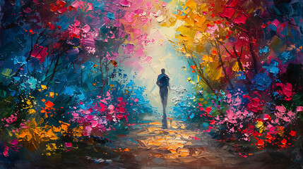 impressionist painting of a runner on a path surrounded by blooming flowers - obrazy, fototapety, plakaty