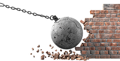 Wrecking ball is smashing into a brick wall, isolated on a transparent background