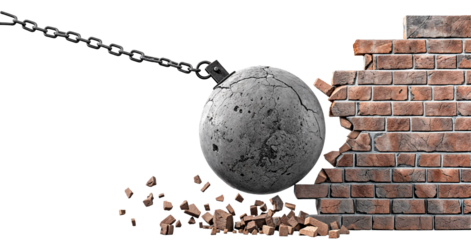 Wrecking ball is smashing into a brick wall, isolated on a transparent background
