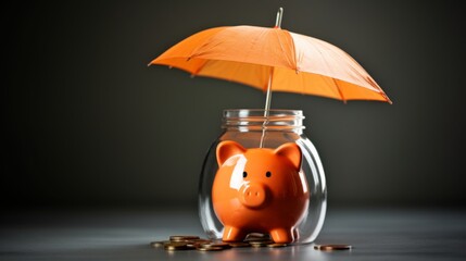 Savings Protection: Piggy Bank in Jar Under Umbrella Ai generated