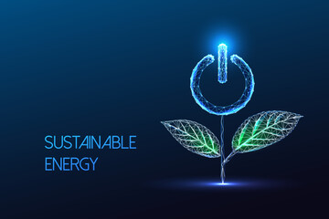 Sustainable energy, reneweable power generation futuristic concept with plant and power button