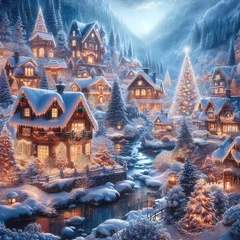 Gartenposter Fairytale surreal fantasy Christmas village with snow. Winter landscape © lali