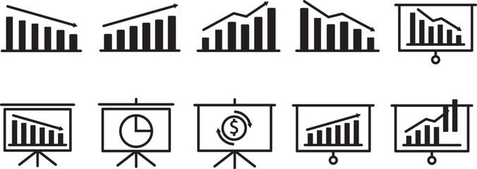 Set of growing and decreasing graph icons. Vector illustration. Collection of growing and decreasing bar graphs. Business chart with arrows. Collection of growth and shrinkage charts. EPS 10.