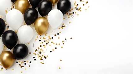 Banner with golden, black and white balloons. Celebration party background