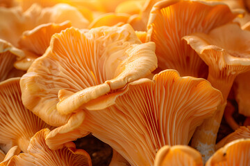 Close up fresh chanterelle mushroom. Girolle mushrooms.  - obrazy, fototapety, plakaty