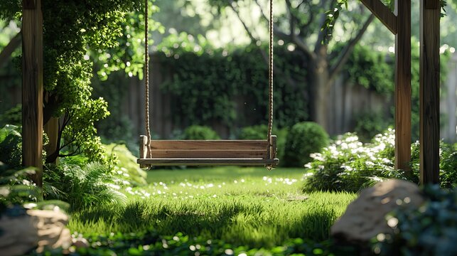 A wooden swing stands in a verdant park surrounded by lush trees and grass