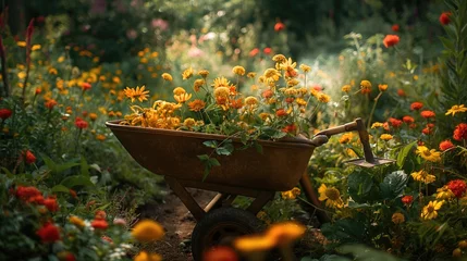 Fotobehang A shovel in a wheelbarrow among plants in a garden © Katsiaryna