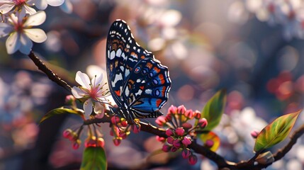 Butterfly on a branch with flowers. Beautiful Spring or summer nature background