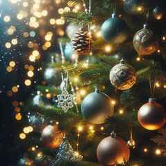 Fototapeta premium Christmas tree with baubles in blue night, abstract Background