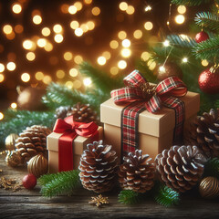 Christmas and new year background, gift boxes and pine cones