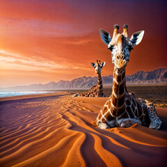 Two giraffes on the background of an orange landscape