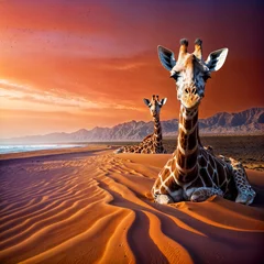 Plexiglas foto achterwand Two giraffes on the background of an orange landscape © Victor