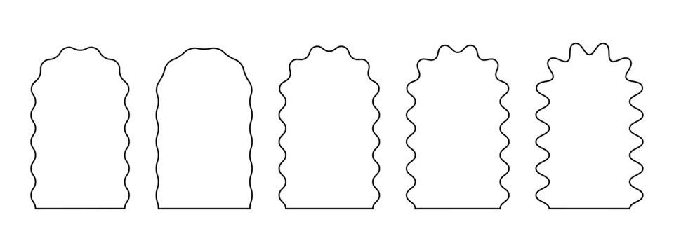 Set of arch frames with wavy edges. Archway shapes with undulated borders. Wiggly portals or doors, empty mirrors or text boxes, tags or labels isolated on white background. Vector illustration.