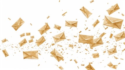 Golden paper envelopes flying isolated on white background. Email marketing or newsletter concept, sending e-mails