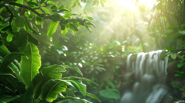Rich tropical rainforest in the morning The morning sun shines on the waterfall and lush green leaves. 