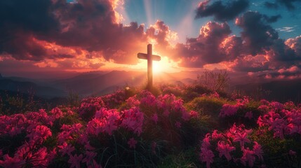 Holy cross the symbol of death and resurrection of Jesus Christ with dramatic sunset over flower field. - obrazy, fototapety, plakaty