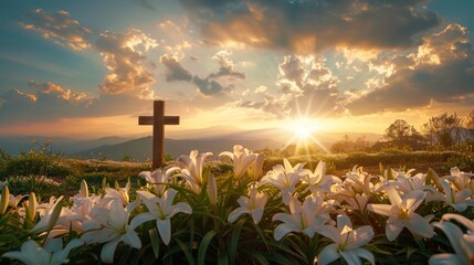 Holy cross the symbol of death and resurrection of Jesus Christ with dramatic sunset over flower field. - obrazy, fototapety, plakaty