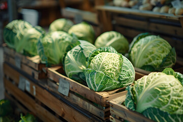 White cabbage in the wooden box on the counter. Eco-friendly market concept.