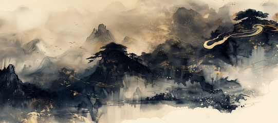Chinese wind wallpaper, ink wash, new Chinese style, landscape painting, golden brushstrokes. Painting. Modern Art. Wallpaper, posters, cards, murals, prints