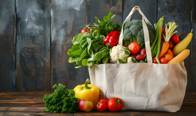 Tote bag full of different fresh, organic vegetables on the wooden background. Eco-friendly market and delivery concept
