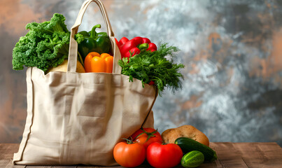 Tote bag full of different fresh, organic vegetables. eco-friendly market and delivery concept.