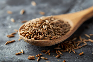 light brown fragrant caraway spice in wooden spoon close up. High quality photo - obrazy, fototapety, plakaty