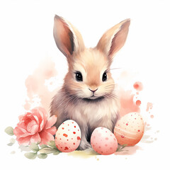 Cute Easter bunny with colorful eggs and flowers. Watercolor drawing.