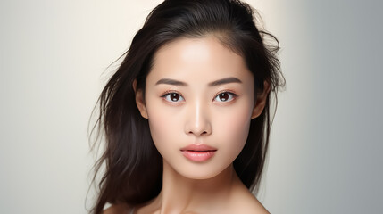 Beautiful young Asian woman with clear skin on white background. Skin care.