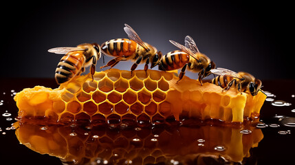 Honey in honeycombs with bees on a black background. Passover.