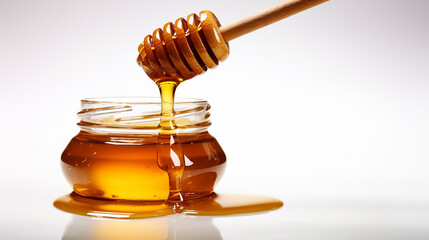 Honey in a transparent glass jar with a honey spoon on a white background. Passover.