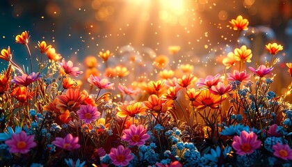 Colorful flower meadow with sunbeams and bokeh lights in summer - nature background banner