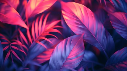 neon background with tropical leaves