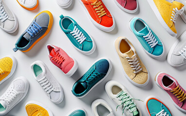 Assorted Colorful Sneakers Arranged in Style isolated on transparent background PNG. - obrazy, fototapety, plakaty