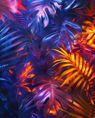 neon background with tropical leaves