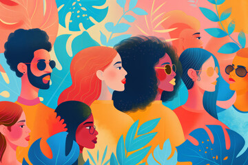 Popart poster of people coming together. Colorful poster of popart people.