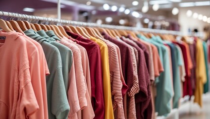 A clothing rack with a variety of shirts on it.

