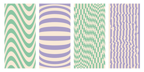Groovy hippie chessboard pattern set in pastel green, beige and purple colors. Retro 60s 70s psychedelic backgrounds. Vector.	