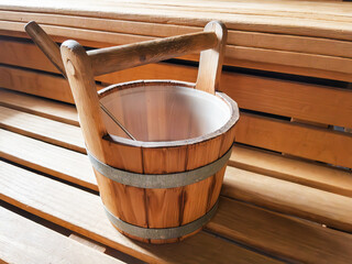 Wooden Sauna Bucket on Cedar Bench