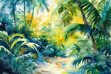 Lush and vibrant watercolor painting of a tropical jungle, showcasing a riot of colors and textures that bring the exotic beauty of nature to life.