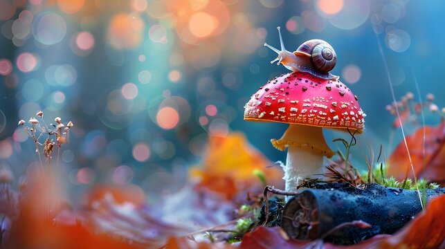 Lovely pretty little snail on a mushroom in the forest in nature macro. Beautiful colorful bright artistic image of the wild nature.