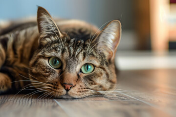 Beautiful tabby cat with bright green eyes lying on the floor, close up, indoors, living room blurred background
