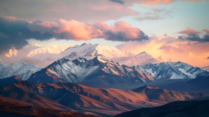 Naklejka na ściany i meble Mountain peak of the tibetan snow-capped mountains, a beautiful panorama of the mountains at sunset of the day